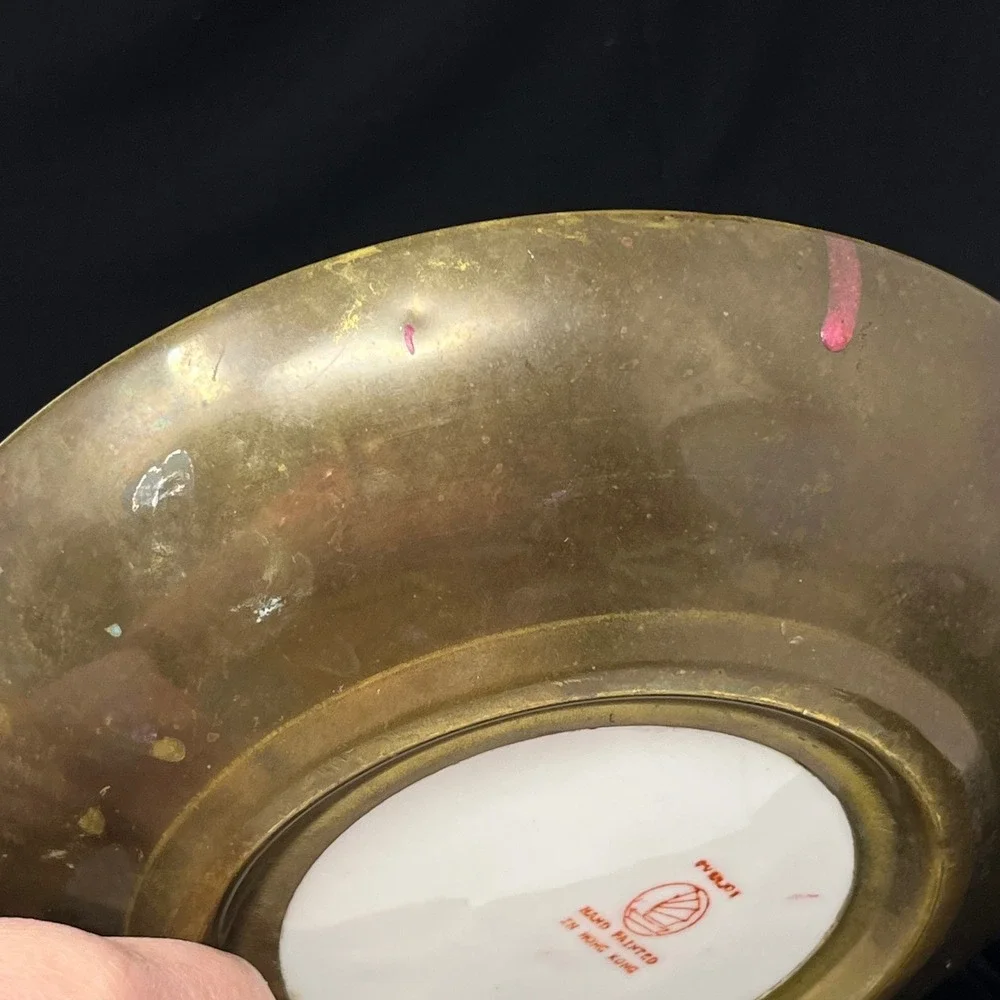 Vintage Hand Painted Porcelain Plate Bowl‎ Set Brass Rim Oriental Asian Horchow